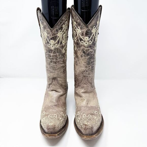 Corral Teen Taupe Leather Western Boots Girls Size 2 Pull On Made in Mexico - Picture 2 of 11